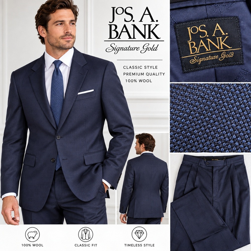 Jos. A. Bank Signature Gold Mens 42 LG Navy Blue 100% Wool 2-Piece Suit 35x33
